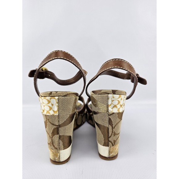 COACH Alina Brown Gold Signature Patchwork Platform Strappy Wedge Sandals 7.5 B - Picture 4 of 8